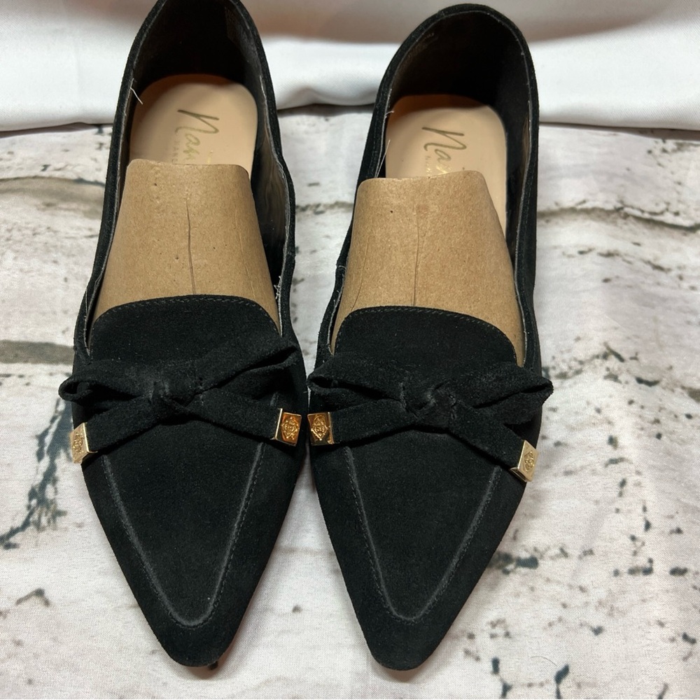 Nanette Lepore Black Loafers with Gold Accents Preppy Suede 6‎